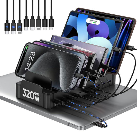 320W Multi-Device Charging Station with 10 USB C Ports – Zobirez Fast Charger Dock for MacBook, iPhone, iPad, Android, Tablets – Organized Family Charging Solution, Black
