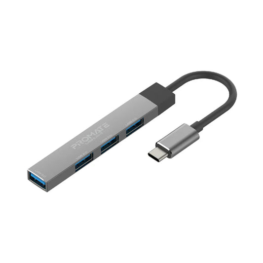Promate 4-in-1 USB-C Multi-Port Data Hub – Ultra-Slim Aluminum Hub with 4 USB-A Ports, 5Gbps Transfer Rate, and Flexible Cable