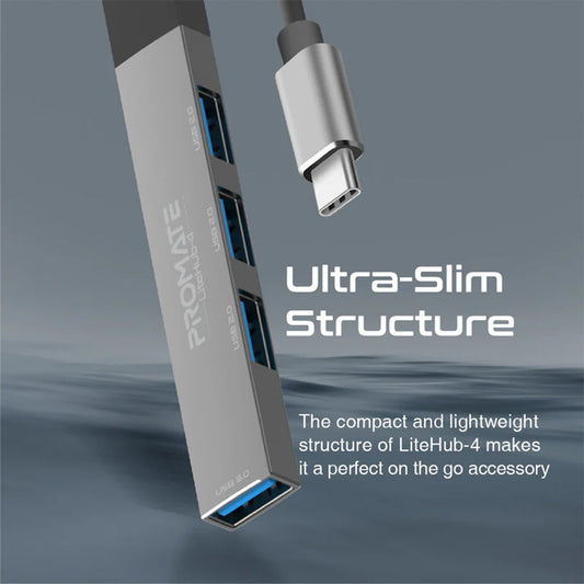 Promate 4-in-1 USB-C Multi-Port Data Hub – Ultra-Slim Aluminum Hub with 4 USB-A Ports, 5Gbps Transfer Rate, and Flexible Cable