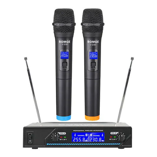 BOMGE V-230 2 Channel Wireless Handheld Microphone – Digital Modulation, Noise Cancelling, Certified for Karaoke, Conference & Stage Performances