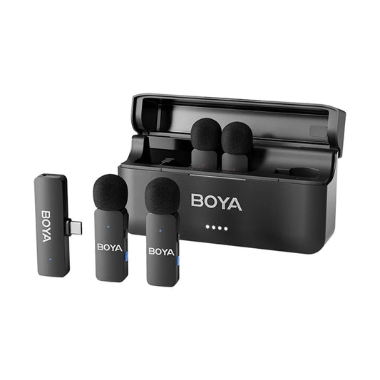 BOYA BY-V4U 4-Channel Wireless Microphone System – Noise-Canceling Lavalier Mic for iOS, USB-C, and 3.5mm Devices