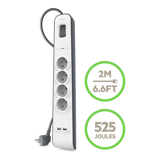 Belkin BSV401Vf2M 4-Outlet Surge Protector with 2.4A USB Charging Ports - Heavy Duty, 525 Joules, 2-Meter Cord