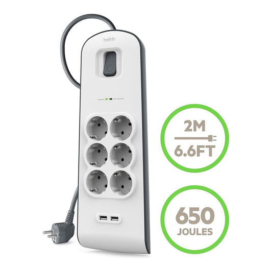 Belkin BSV604Vf2M 6-Outlet Surge Protector with 2.4A USB Charging - 2M Cord, 650 Joules, 15,000A Spike Protection