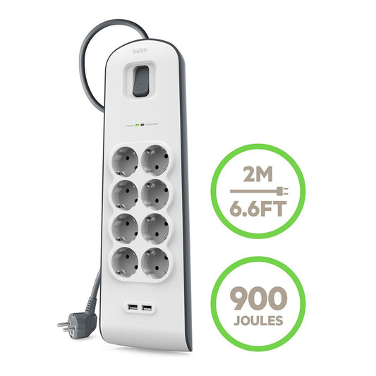 Belkin BSV804VF2M 8-Outlet Surge Protector with 2.4A USB Charging - 2M Cord, 900 Joules, 15,000A Spike Protection
