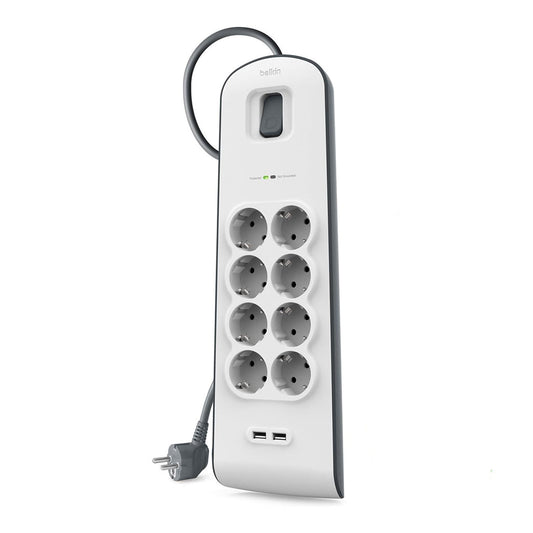 Belkin BSV804VF2M 8-Outlet Surge Protector with 2.4A USB Charging - 2M Cord, 900 Joules, 15,000A Spike Protection