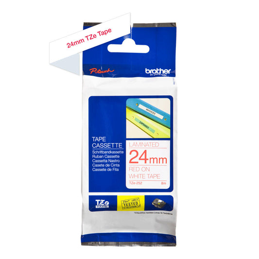 Brother TZe-252 Labelling Tape Cassette – Red on White, 24mm wide