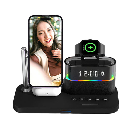 5-in-1 Multifunctional 15W Wireless Charging Station with Bedside Clock - C09