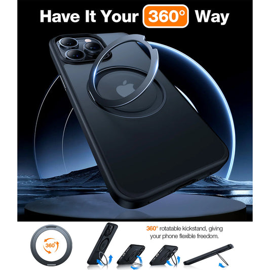 Torras Black Ostand R - iPhone 15 Pro Max MagSafe Case with 360° Rotating Stand and Military Grade Protection