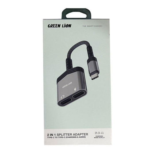 Green Lion 2 in 1 Type-C Splitter Adapter - Dual Type-C Ports for Fast Charging & High-Quality Audio