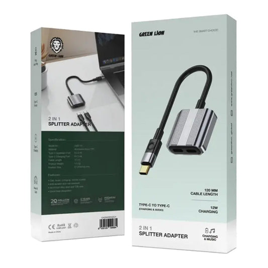 Green Lion 2-in-1 Type-C Splitter Adapter – Dual Type-C Ports for Charging and Audio – Gray