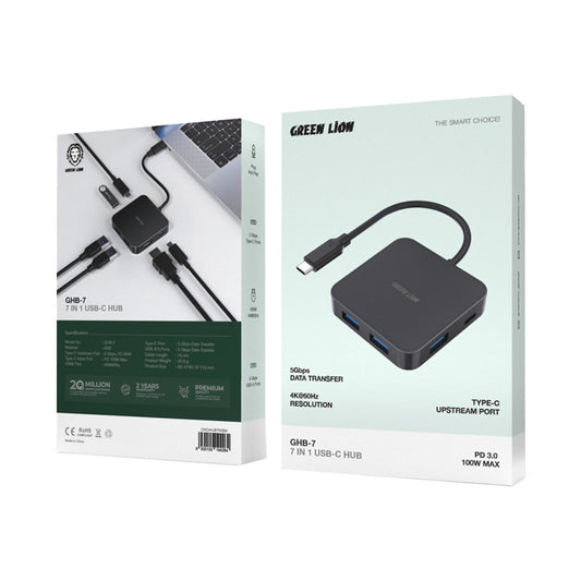 Green Lion GHB-7 7-in-1 USB-C Hub - High-Speed Data Transfer, 4K HDMI, 100W Power Delivery, Black