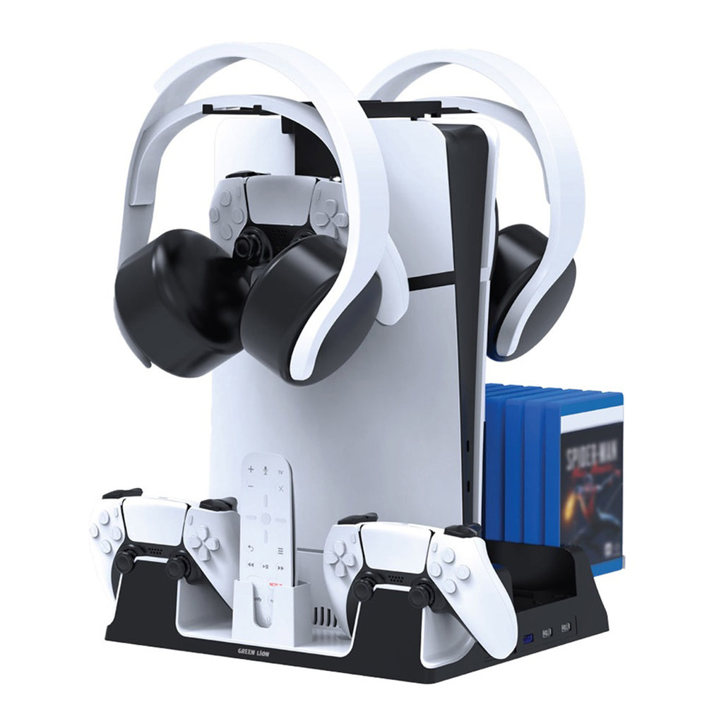 Green Lion PS5 Cooling Stand & Charging Station with Turbo Fan and 14-Disc Storage – White
