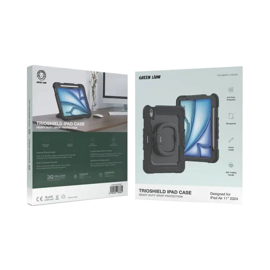 Green Lion Trioshield iPad Air 11" Case with Pencil Holder and Adjustable Handle - Shockproof Protection (Black)