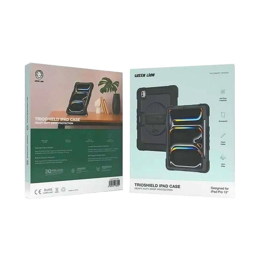 Green Lion Trioshield iPad Pro 13" Case with Pencil Holder and Adjustable Handle – Shockproof Black Design for Ultimate Protection