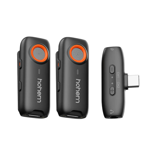 Hohem MIC-01 Dual Wireless Lavalier Microphone with Charging Case – Type-C, DSP Noise Cancellation, 360° Pickup, Backup Storage, and Remote Shutter Control