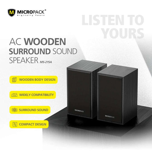 Micropack MS-215A Wired Multimedia Wooden Speakers - Surround Sound, Stereo Amplifier, AUX Input