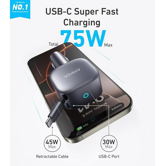 Anker Nano 75W USB-C Car Charger with Built-In Retractable Cable – High-Speed Charging for On-the-Go Power