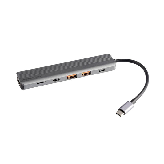 Powerology 6-in-1 Slim 4K HDMI USB-C Hub – High-Speed Data Transfer, PD100W Charging, 4K UHD, Micro SD Slot