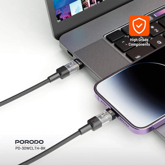 Porodo 30W PD Braided USB-C to Lightning Fast Charging Cable – Durable & Transparent Design, 1.2M