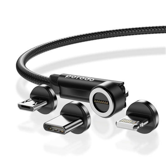 Porodo 3in1 TPE Cable with Rotatable Head for Micro + Lightning + Type-C - Black