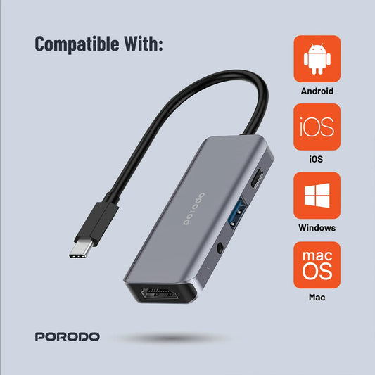 Porodo 4-in-1 USB-C Hub with 100W PD, 4K HDMI, USB 3.0 & 3.5mm Aux – Grey