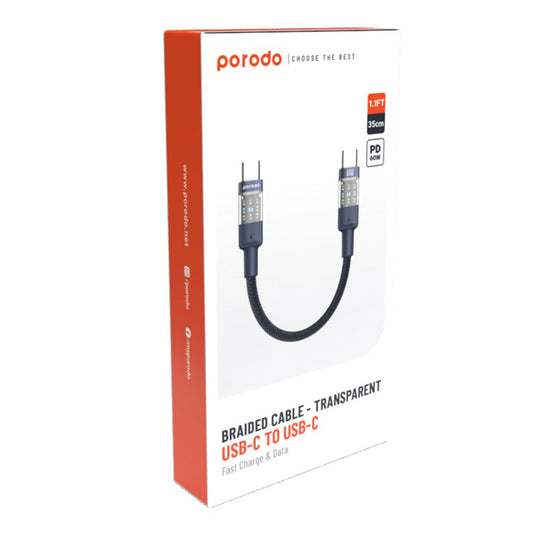 Porodo Braided 60W PD C to C Fast Charging Cable with Transparent Head 35cm