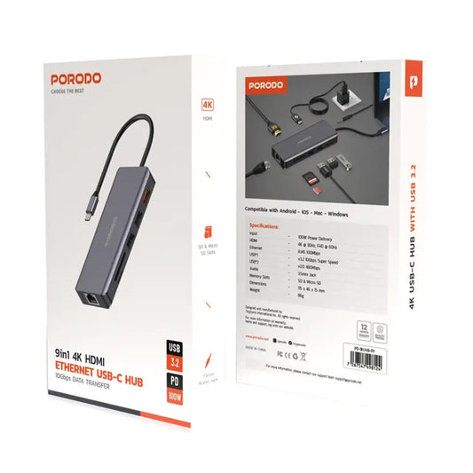Porodo 9-in-1 USB-C Hub with 100W PD, 4K HDMI, Ethernet, SD Card, USB 3.2, and 3.5mm Aux - Gray