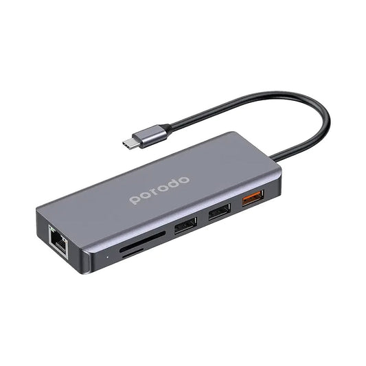 Porodo 9-in-1 USB-C Hub with 100W PD, 4K HDMI, Ethernet, SD Card, USB 3.2, and 3.5mm Aux - Gray