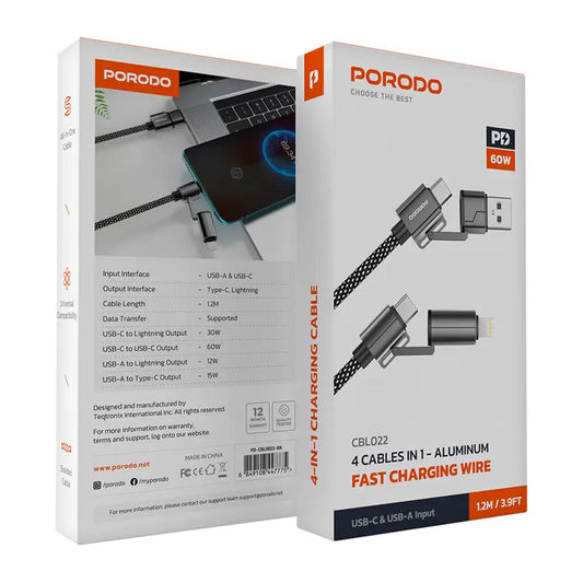 Porodo 4-in-1 Aluminum Fast Charging Cable | USB-C & USB-A to Type-C & Lightning - Black