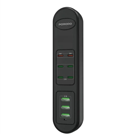 Porodo 50W Multi-Port USB Charging Hub - 9-Port Fast Charger with 2 PD 20W Outputs - Universal 110-240V - Compact Black Charger for Home & Office