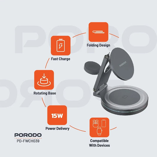 Porodo Rotating Base Three-Device Wireless Charger – Gray