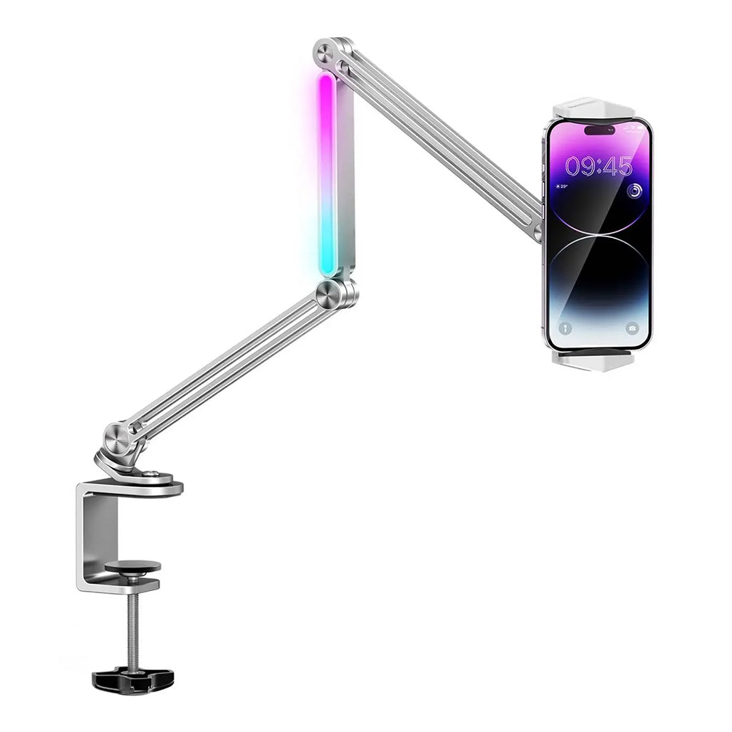 Porodo Multi-Joint Aluminum Desk Mount with RGB Ambient Light and 360° Adjustable Viewing for Phone & Tablet