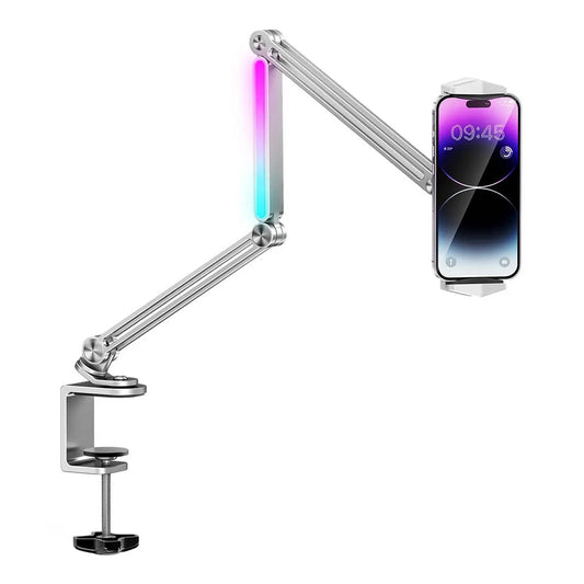 Porodo Multi-Joint Aluminum Desk Mount with RGB Ambient Light and 360° Adjustable Viewing for Phone & Tablet