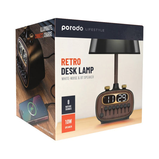 Porodo Lifestyle Retro Desk Lamp with White Noise, Bluetooth Speaker, and Digital Clock - Black