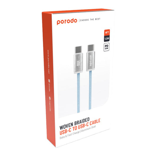 Porodo Woven 60W Type-C to Type-C Cable – 1.2M, Fast Charging & Data Transfer, Durable Woven Braided Cable, Blue