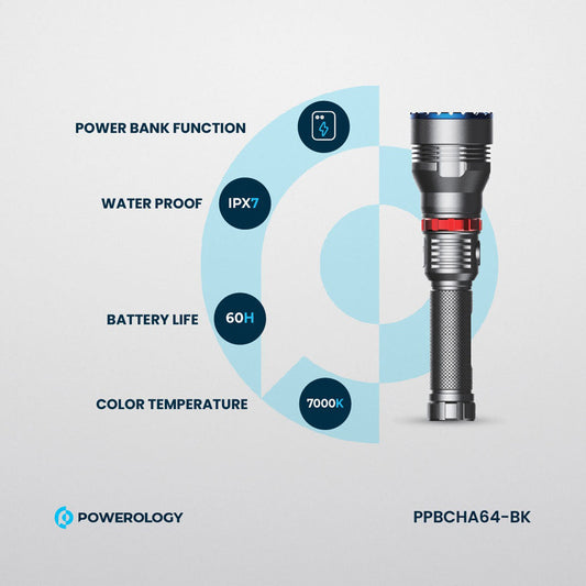 Powerology 4000mAh Waterproof LED Flashlight - Ultra-Durable, Long Battery Life, and High Brightness