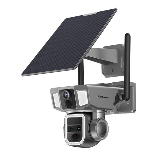 Powerology 4G/WiFi 360° Dual Lens Outdoor Camera - 10X Zoom, Night Vision, Solar Power, IP66 Waterproof - Black