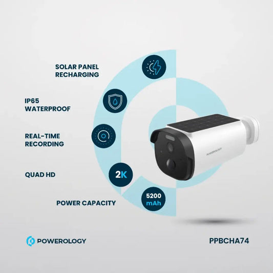 Powerology Built-in Solar Outdoor Camera - White | 2K HD, IR Night Vision, and Solar-Powered Security