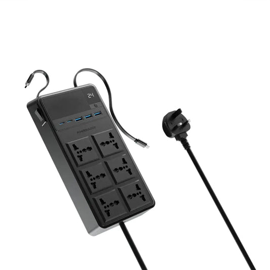 Powerology 2500W 6AC Power Strip with Retractable Cables & USB Fast Charging – Black