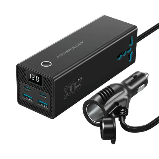 Powerology 300W Universal Car Power Inverter with Dual AC Outlets, USB-C PD 36W, QC 3.0 USB-A – Black