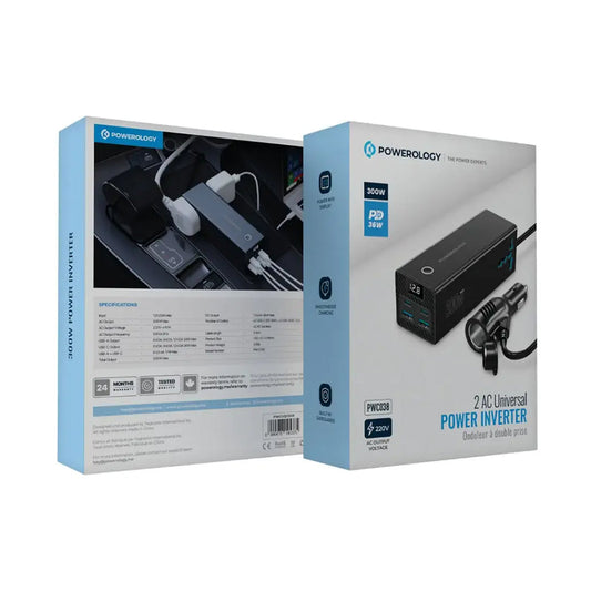 Powerology 300W Universal Car Power Inverter with Dual AC Outlets, USB-C PD 36W, QC 3.0 USB-A – Black