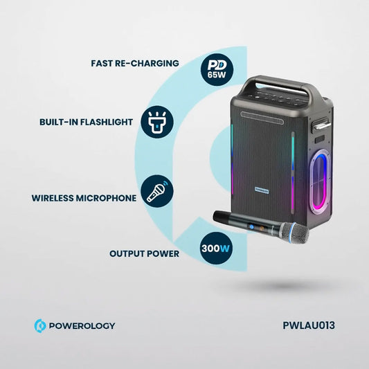 Powerology Karaoke Party Speaker - Silver, 250W RMS, Wireless Microphone, 20 Hours Playtime, Bluetooth V5.3