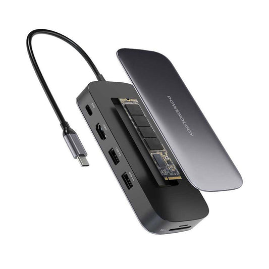 Powerology 512GB USB-C Hub & SSD Drive - All-in-One Connectivity and Storage with PD 100W - Gray