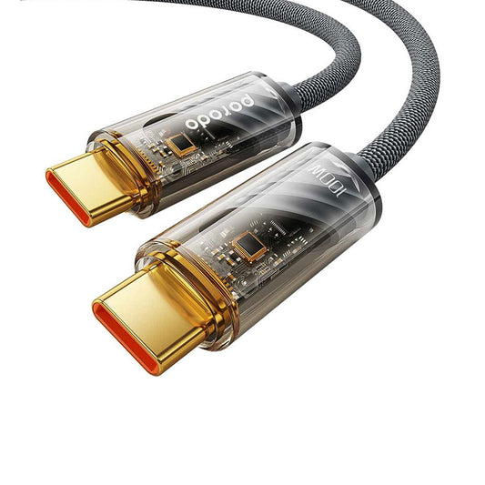 Porodo Braided 100W PD C to C Cable With Transparent Head 1M - Grey