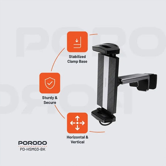 Porodo HS03 Universal Adjustable Tablet & Phone Mount – Secure and Versatile Holder for Devices 4.7"-12.9" – Black