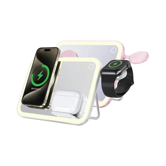 Porodo Multi-Device Wireless Charging Mirror with LED Lights – MagSafe, Adjustable Stand, and Night Light