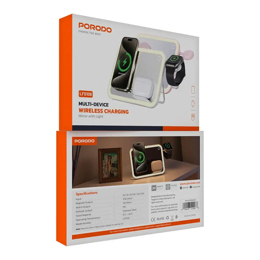 Porodo Multi-Device Wireless Charging Mirror with LED Lights – MagSafe, Adjustable Stand, and Night Light