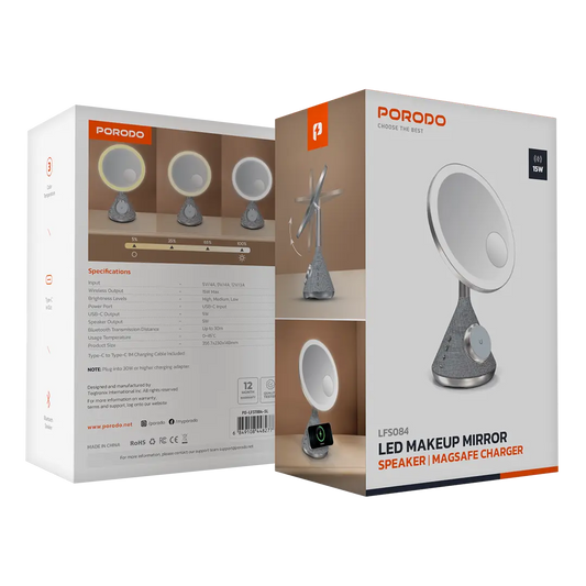 Porodo LED Makeup Mirror with Wireless Charging, Adjustable Lighting, and Bluetooth Speaker