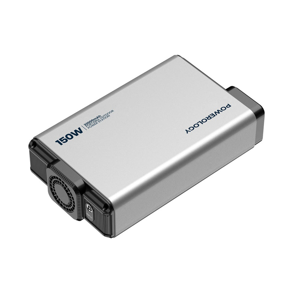 Powerology 32000mAh Mini Power Station with 150W AC Output and 100W PD Charging – Portable Charger for Laptops, Phones, and Tablets – Gray