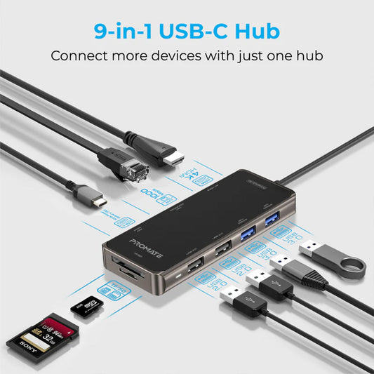 Promate PrimeHub-Go | 9-in-1 Multiport USB-C Hub with 100W Power Delivery, 4K HDMI, Ethernet, and More
